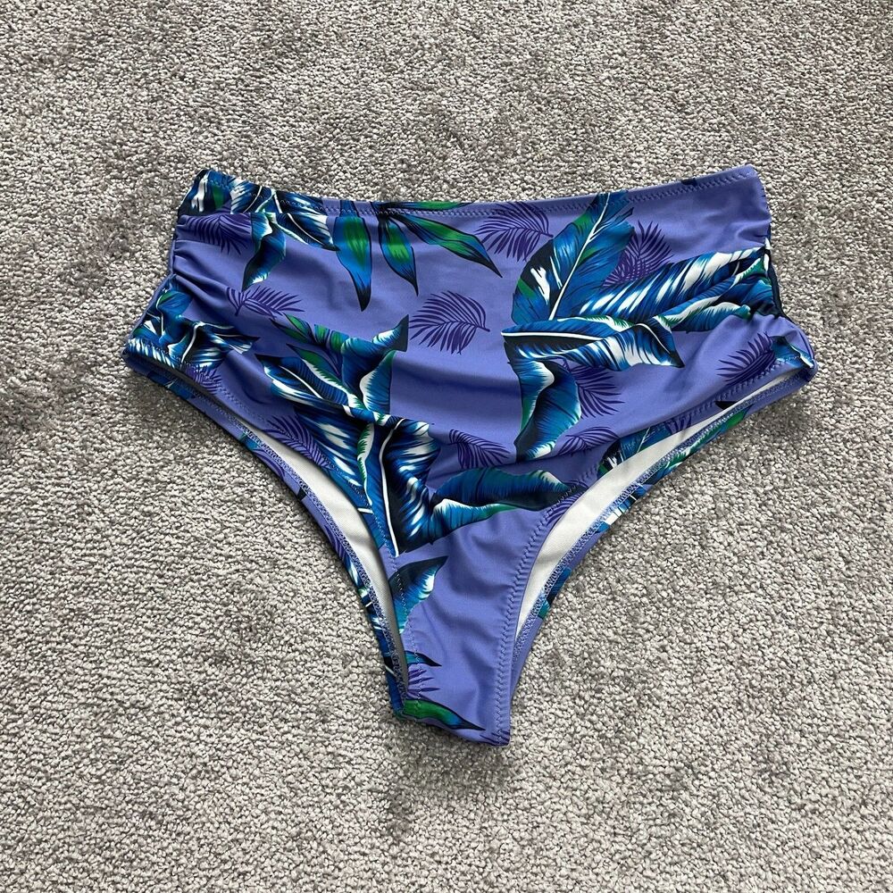 Shein Bikini Bottom Womens Medium Blue Floral High Rise Stretch Tropical Beach